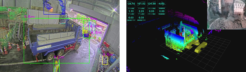 左：監視支援システムによる検知イメージ、右：自動運転の検知イメージ